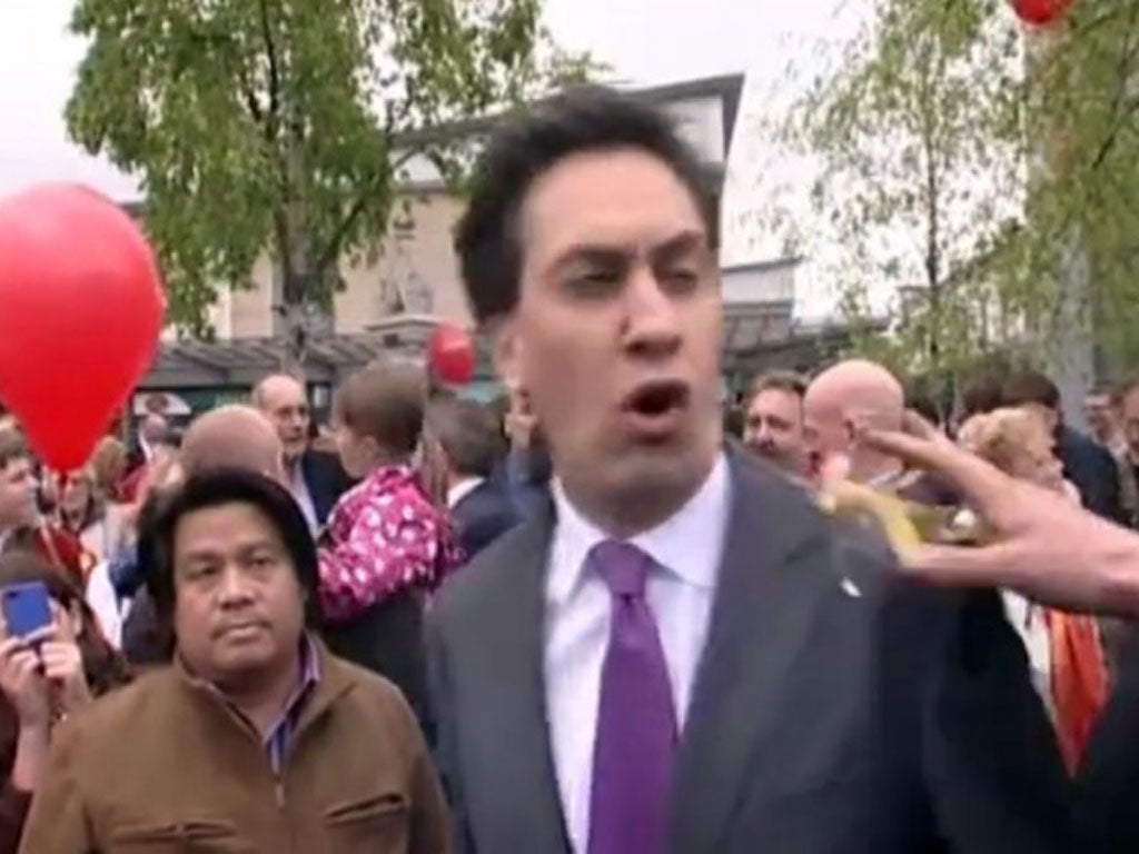 A screengrab of news footage of the moment Ed Miliband was hit by the egg