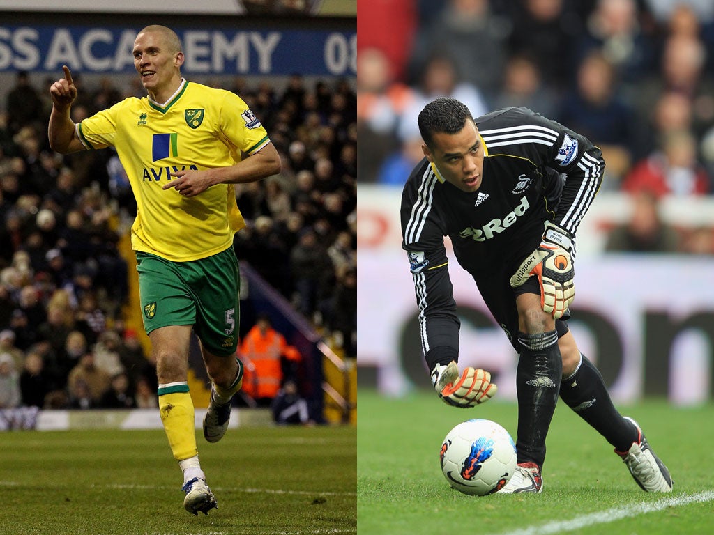 Norwich player Steve Morison (left) and Swansea's Michel Vorm