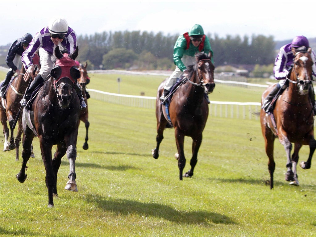 Joseph O’Brien on St Nicholas Abbey (right) fails to peg back his stablemate Windsor Palace (red blinkers) at the Curragh yesterday