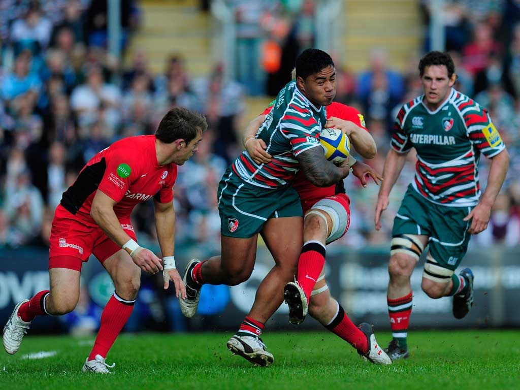 Having a ball: Manu Tuilagi secures possession for Leicester against Saracens