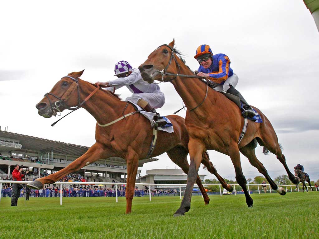 Light Heavy, ridden by Kevin Manning, wins the Derrinstown Derby Trial at Leopards town yesterday