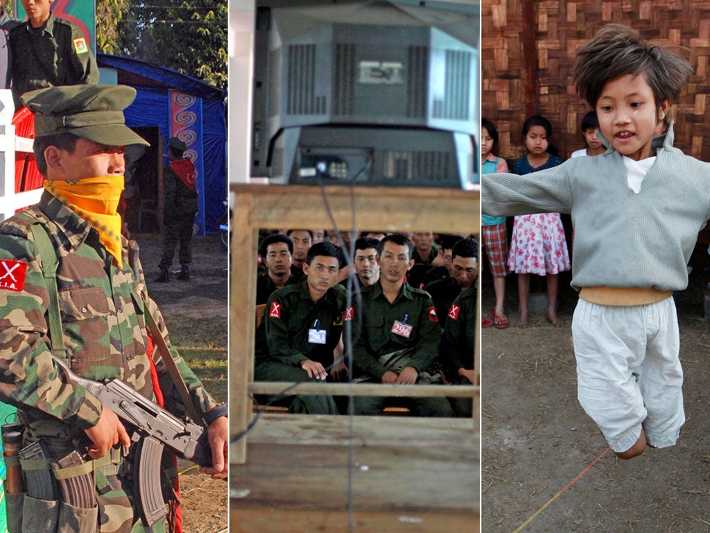 Soldiers from the Kachin Independence Army, who have fought the Burmese government since 1961, in the border town of Laiza; many families and children have been displaced by the fighting