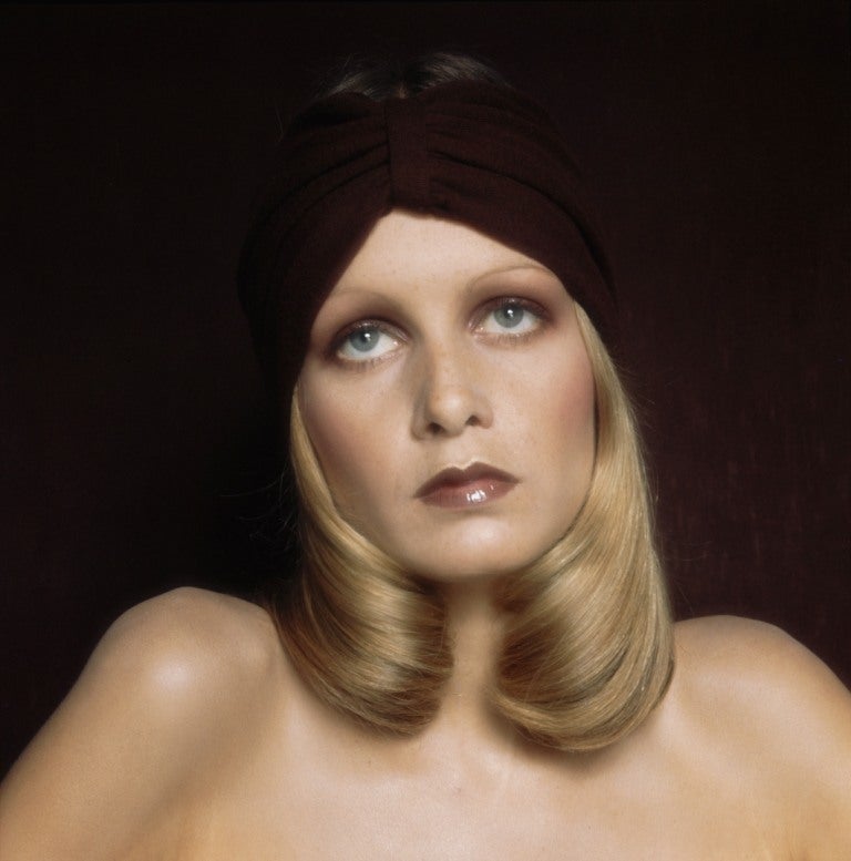 A beauty shot of Twiggy for Biba’s new range of cosmetics, 1970