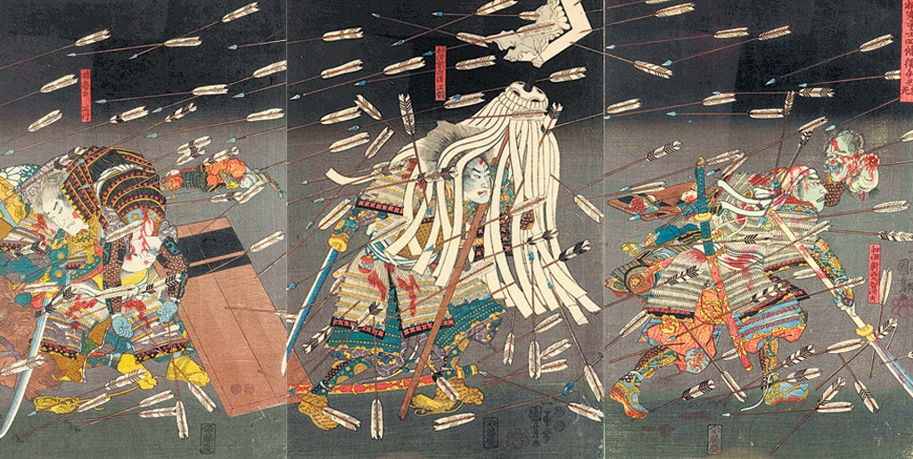 Last Stand of the Kusunoki Heroes at Shijo-Nawate 1851 (left to right: 38cm x 26.2 cm; 38.2cm x 25.7cm; 38 cm x 25.8 cm) by Utagawa Kuniyoshi, British Museum, London