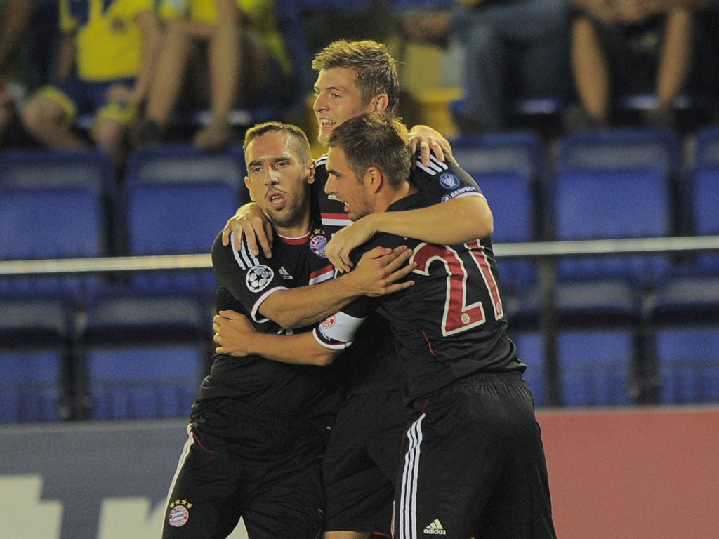 <b>BAYERN MUNICH - group stage</b><br/>
After safely navigating a qualifier against FC Zurich 3-0 on aggregate, Bayern Munich were drawn in the 'group of death', with Villareal, Napoli and Manchester City. They opened with an important 2-0 victory away at Villareal, with goals coming from Toni Kroos and Brazil full-back Rafinha. The Germans then beat Manchester City at the Allianz Arena in a match that will be best remembered for Carlos Tevez's refusal to come on as a substitute for the visiting team. Mario Gomez opened his Champions League account with both goals in the 2-0 win. The next test for Bayern was an away trip to Napoli. The match was drawn 1-1 but it could have been much better had Gomez not missed a second-half penalty.