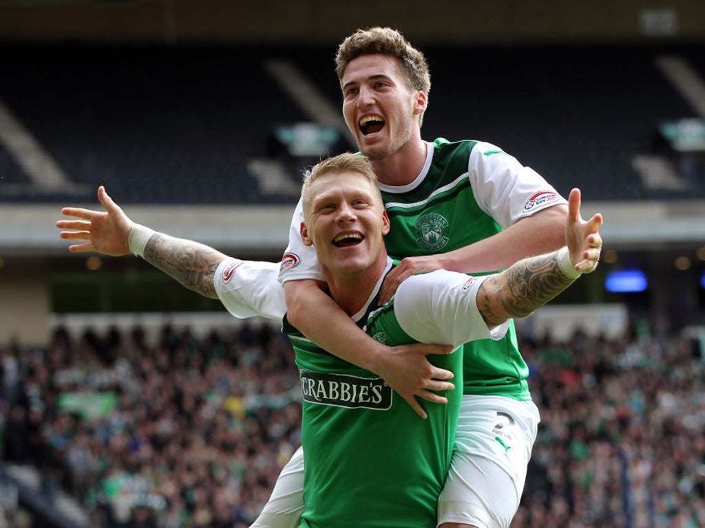 Hibernian's Matt Docherty (top) and Gary O'Connor celebrate
reaching the Scottish Cup final