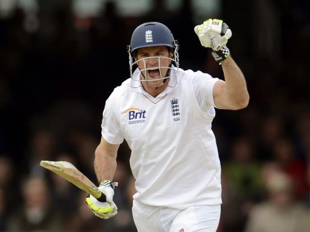 Andrew Strauss erupts with joy after battling to his century