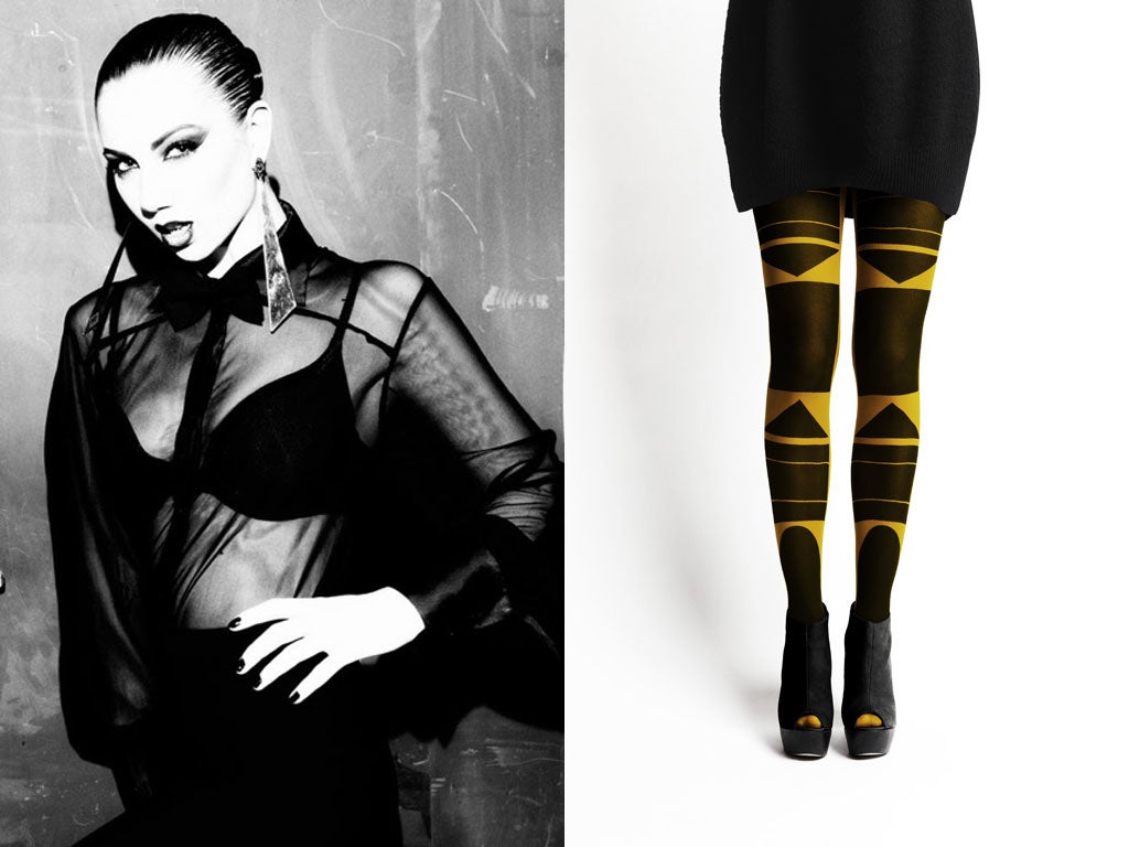 Queen of Hearts, left, and Patternity's Bauhaus-inspired tights