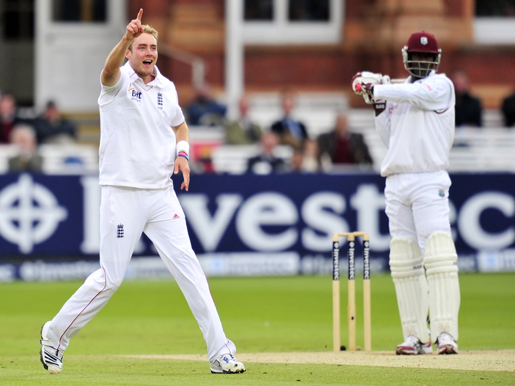 England's Stuart Broad celebrates taking Darren Sammy for 37 runs