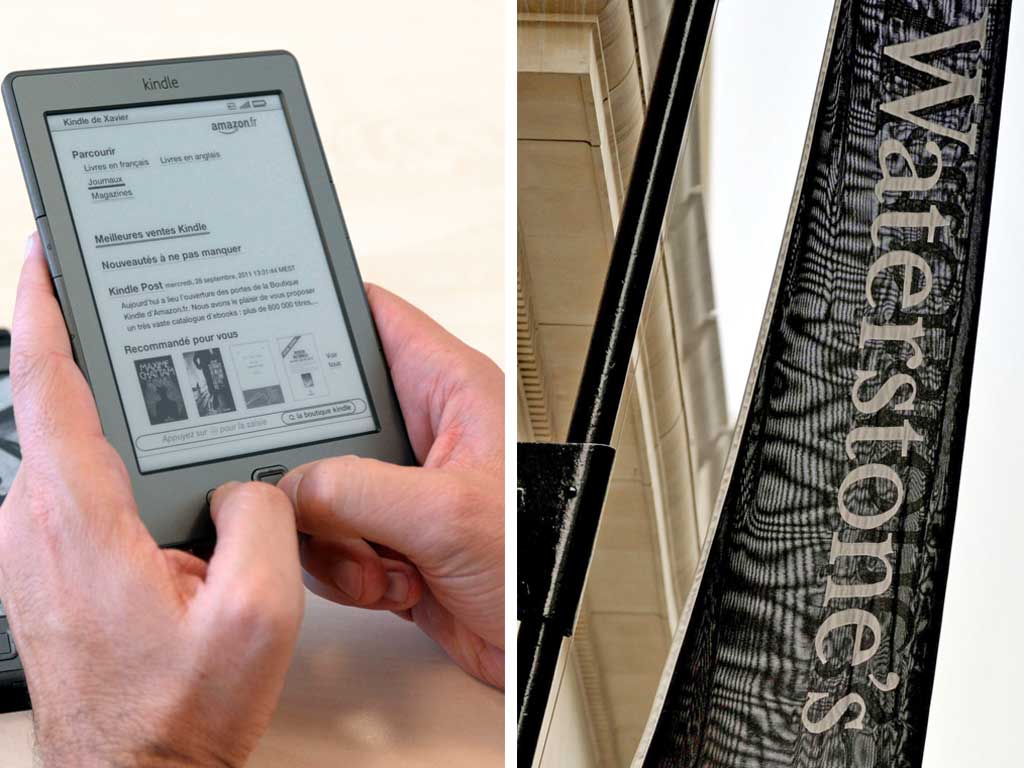 The last chapter?: Waterstones (in the days when it still had an apostrophe) championed
the printed word; (left) the Amazon Kindle, soon to be sold in the chain