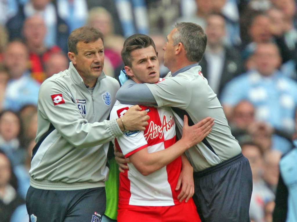 QPR's Joey Barton is sent off during the Barclays Premier League