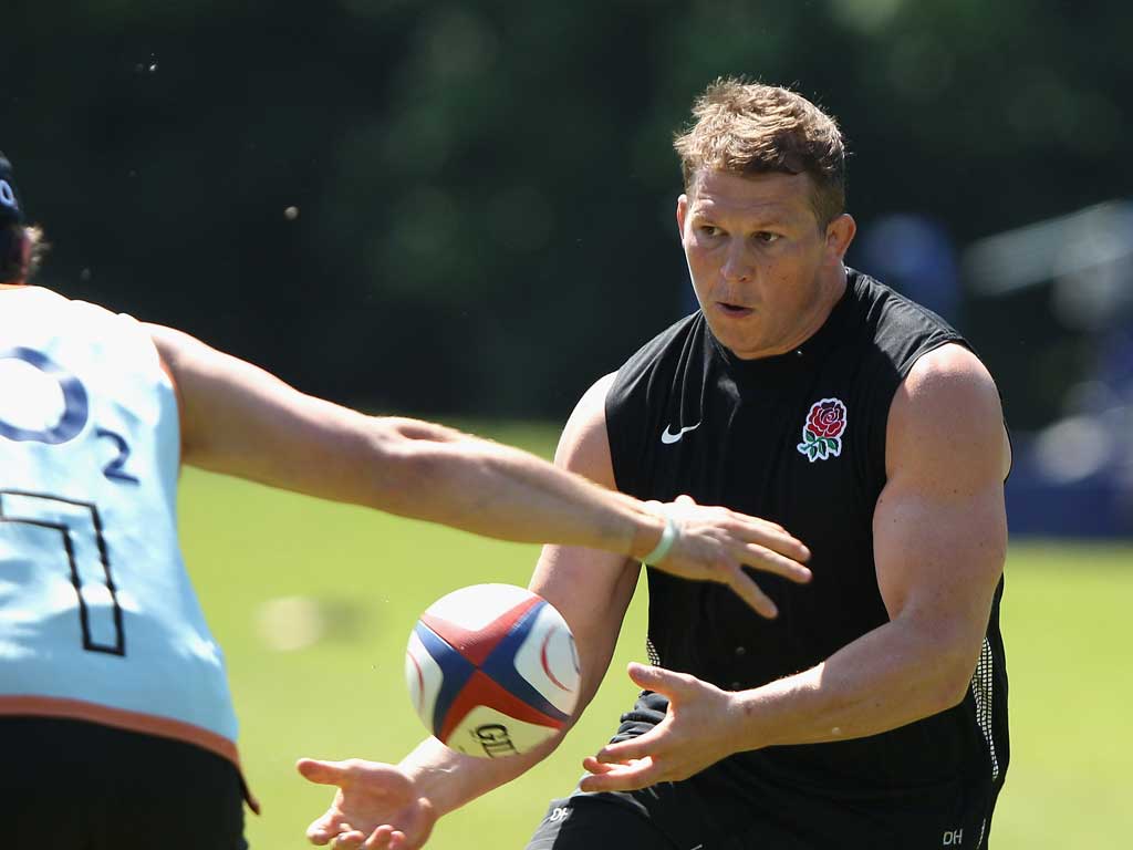 Happy hooker:Dylan Hartley trains with England after completing his eight-week ban for biting