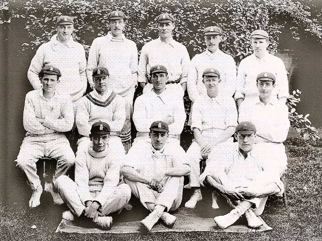 England in 1912: (back, l to r) Walter Brearley, Frank Woolley, Syd Barnes, Wilfred Rhodes, Ted Humphreys; (middle) Frank Foster, Gilbert Jessop, Charles Fry, Pelham Warner, Reggie Spooner; (front) Tiger Smith, Jack Hobbs, Harry Dean. (Below) Abe Bailey