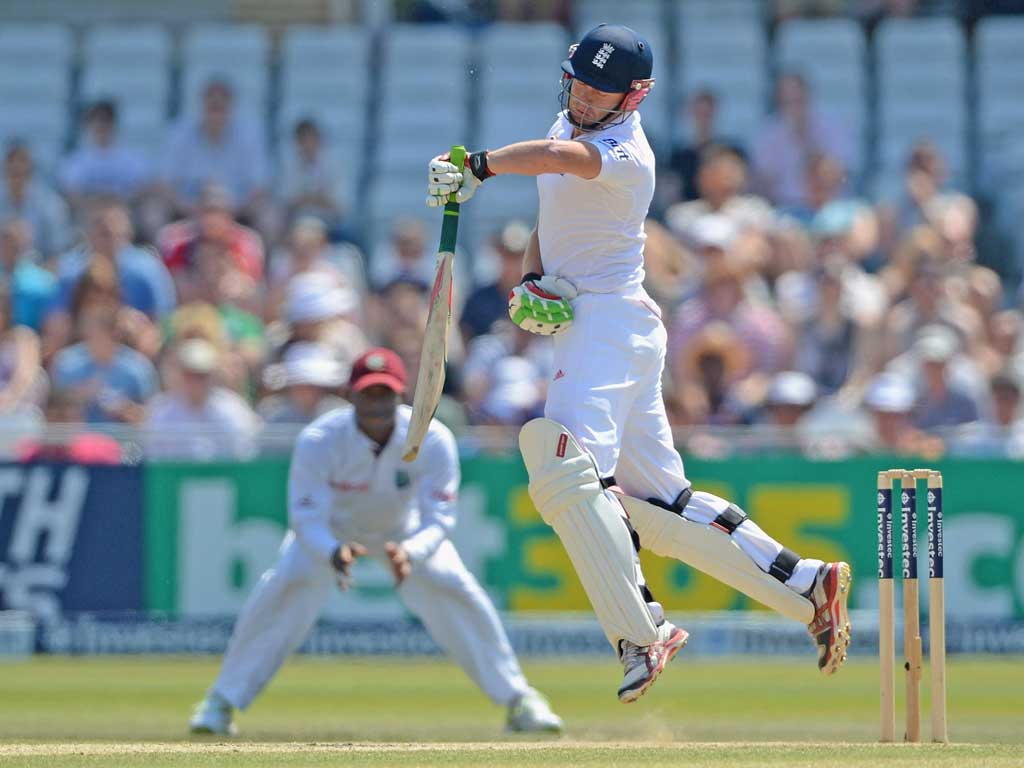 Jonny Bairstow tries to avoid one of the short balls from Kemar
Roach which led to his dismissal