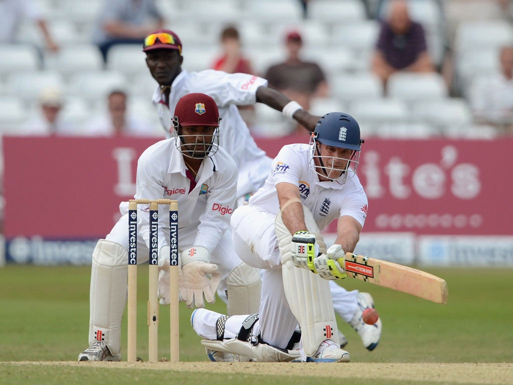 England captain Andrew Strauss bats during day four of the second Test