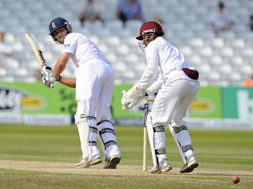 Jonathan Trott (left) hits the winning runs at Trent Bridge yesterday