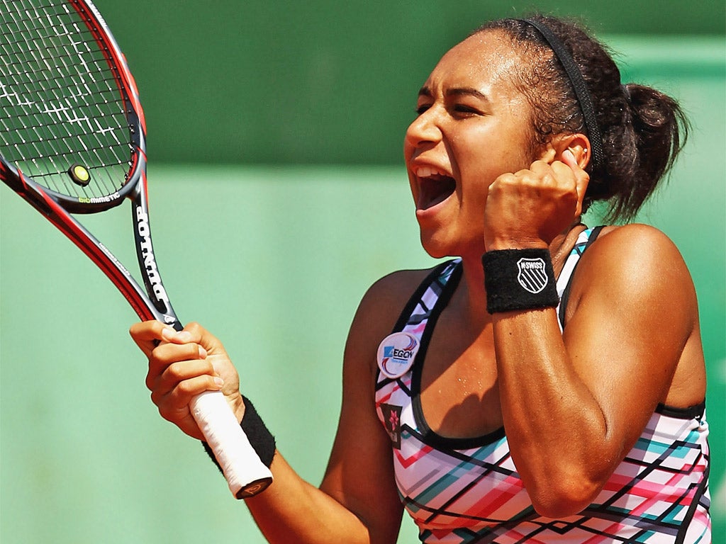 Heather Watson celebrates victory over Elena Vesnina