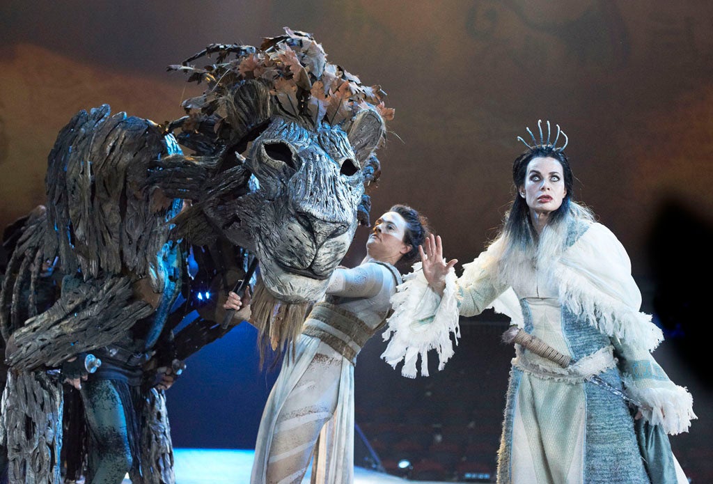 A recent theatre production of The Lion The Witch and The Wardrobe by C.S Lewis adapted by Rupert Goold. Sally Dexter as The White Witch, Jane Leaney as Aslan's Head.