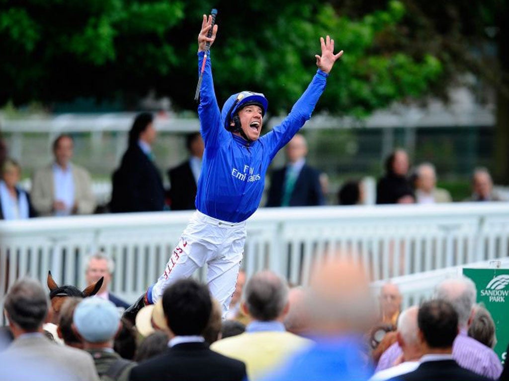 Frankie Dettori celebrates victory at Sandown on Thursday evening