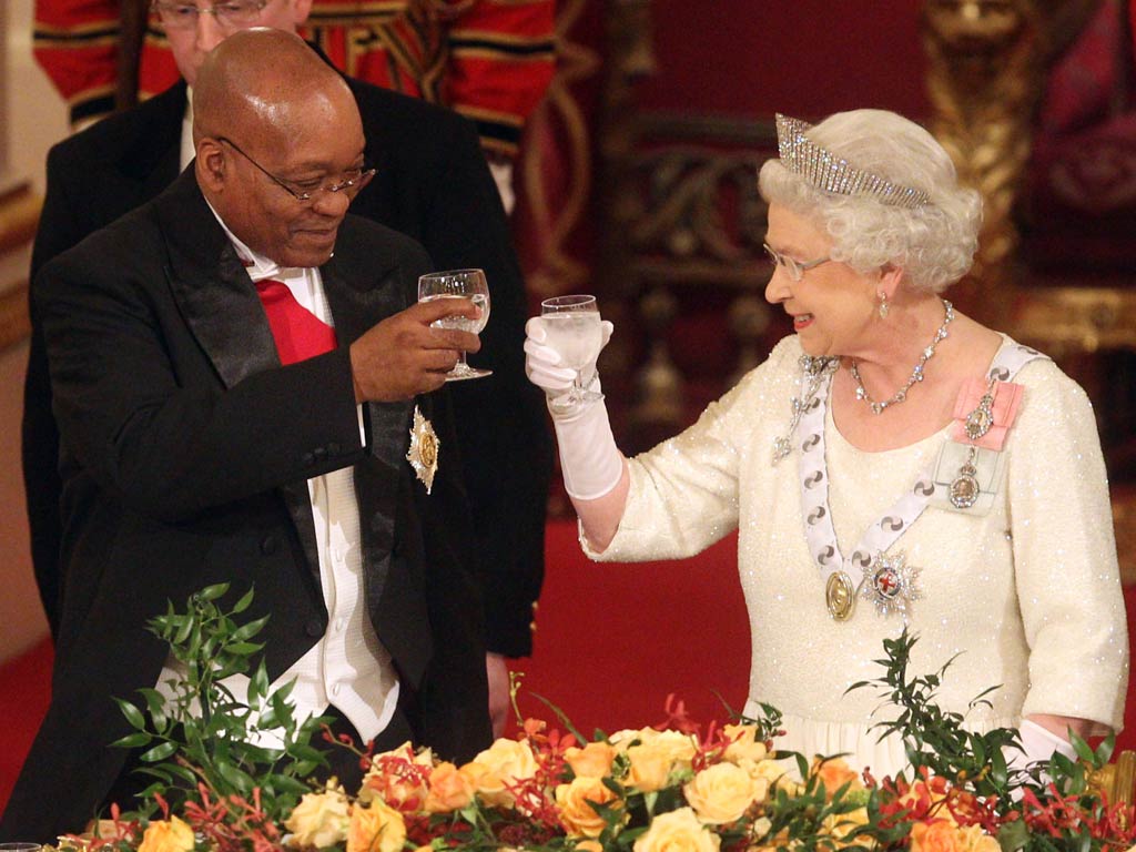 The Queen shares a toast with President of South Africa Jacob Zuma at Buckingham Palace in 2010. Her favourite drink is a Dubonnet Cocktail