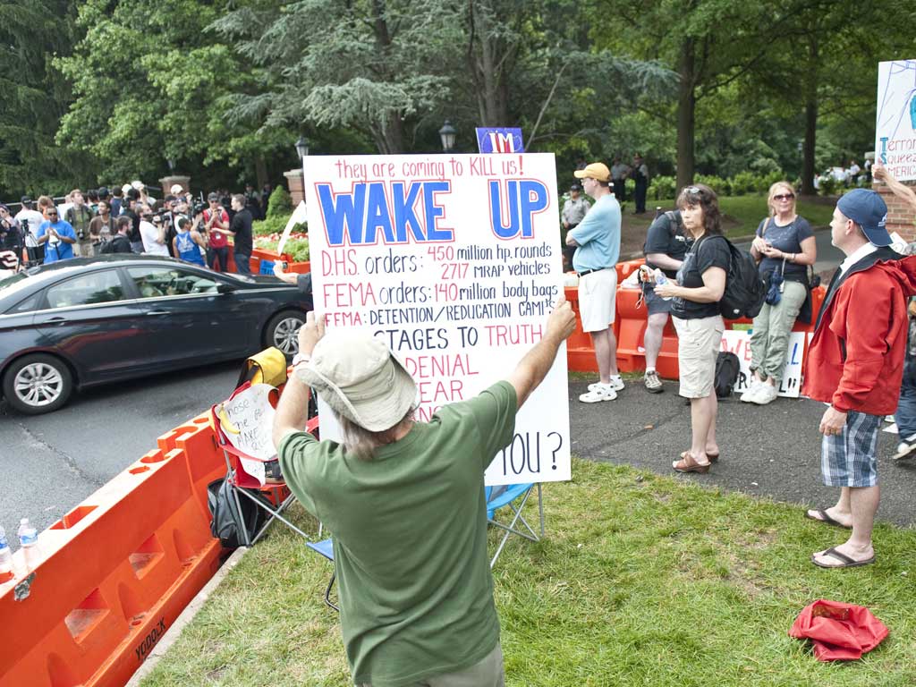 Protesters in Chantilly, Virginia, where the Bilderberg conference is taking place