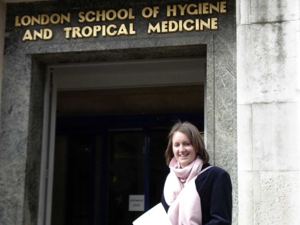 Helen Johnston outside the London School of Hygiene, where she studied