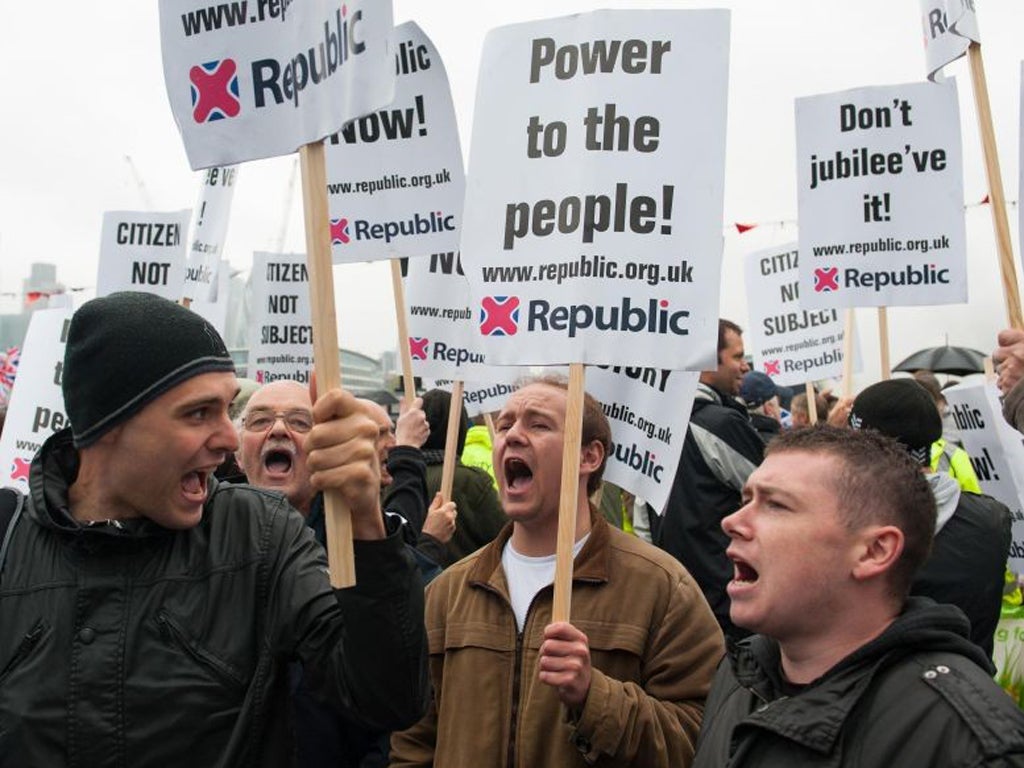 Members of Republic demonstrate near Tower Bridge, in central London, during the Diamond Jubilee celebrations