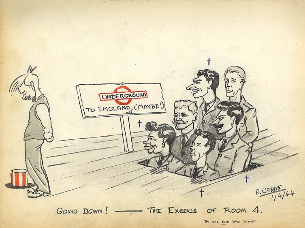 Cassie’s cartoon depicting the escapers, with himself left behind; below, Richard Murray’s portrait of Cassie