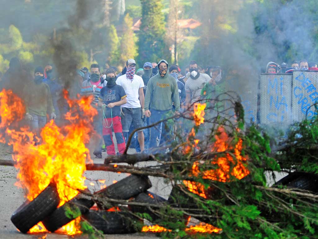 With the economy in the doldrums, the Spanish government has cut spending in areas such as coal subsidies but this has sparked protests, such as this one yesterday in Vega del Rey in northern Spain