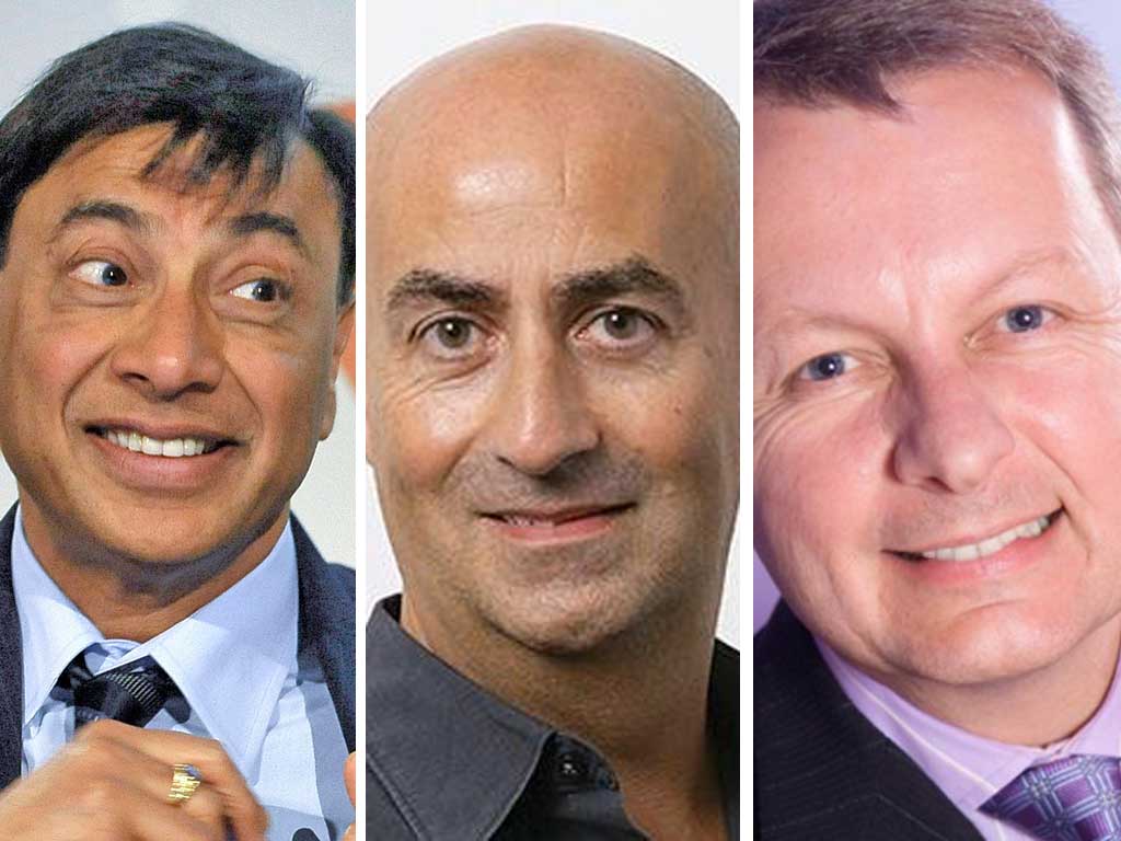 Corporate carriers of the torch: (from left) Britain's tycoon Lakshmi Mittal, the deal-maker Christos Angelides, and the other man from Samsung Andy Griffiths