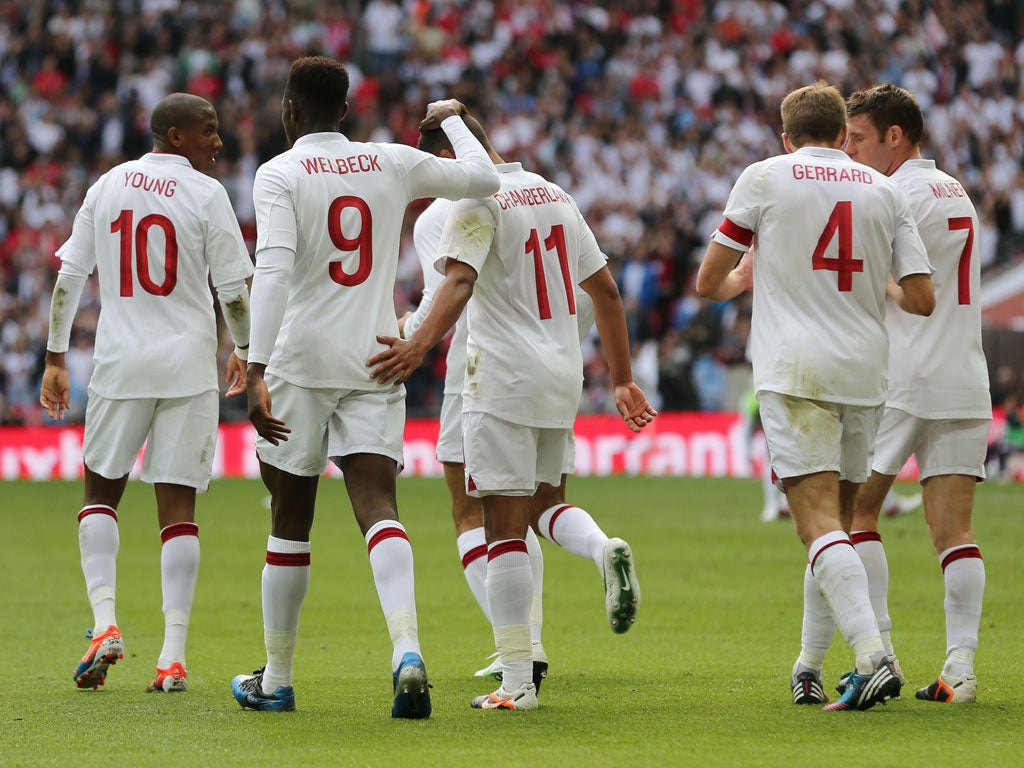 England celebrate Welbeck's goal against Belgium