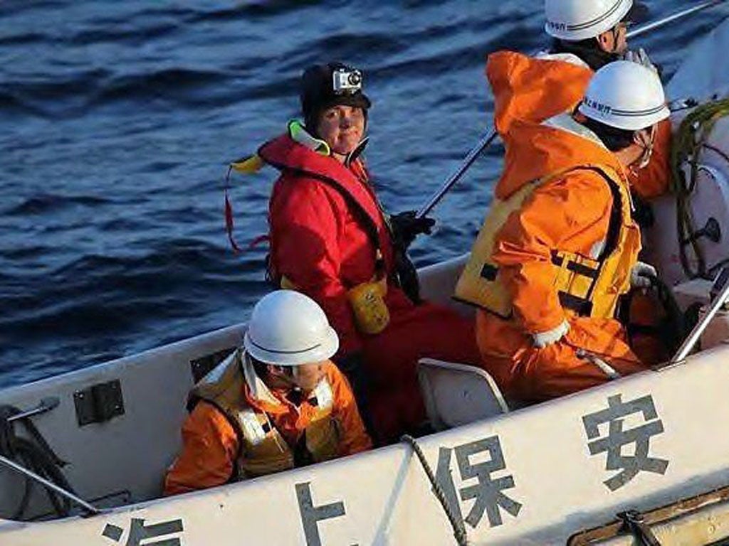 Sarah Outen being rescued by Japanese coastguards about 500 miles east off the Japanese northeastern coast