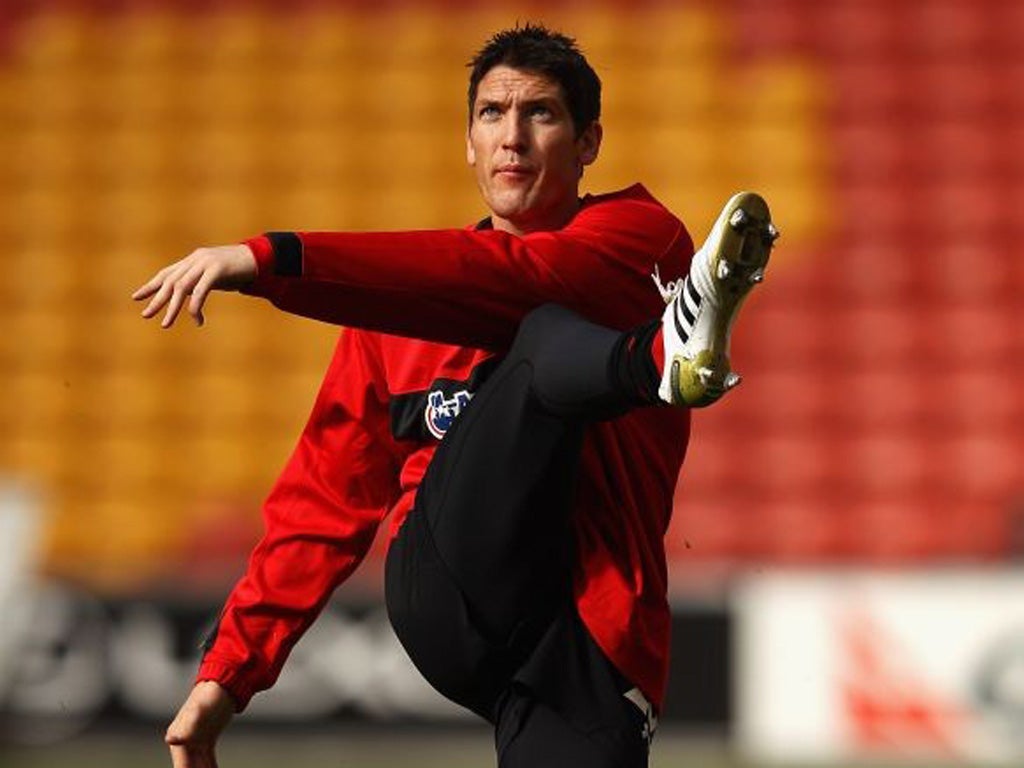 Wales' James Hook practises his kicking in Brisbane yesterday