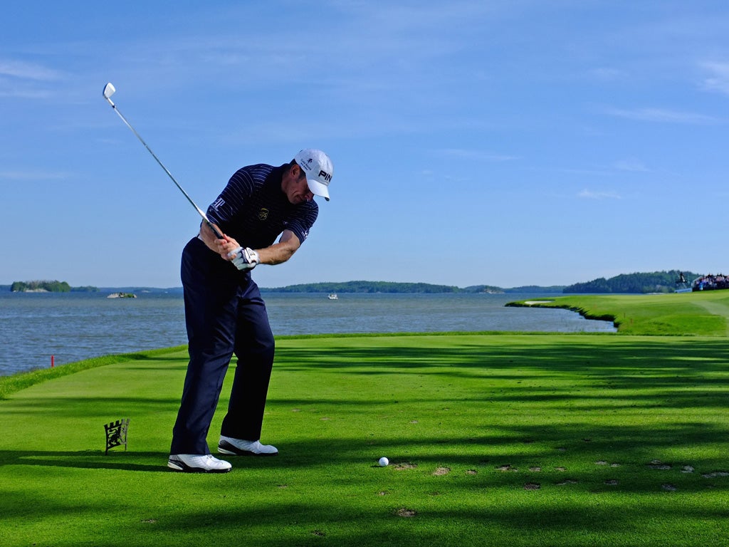 Lee Westwood tees off on the scenic 16th at the Brott Hof Slott course