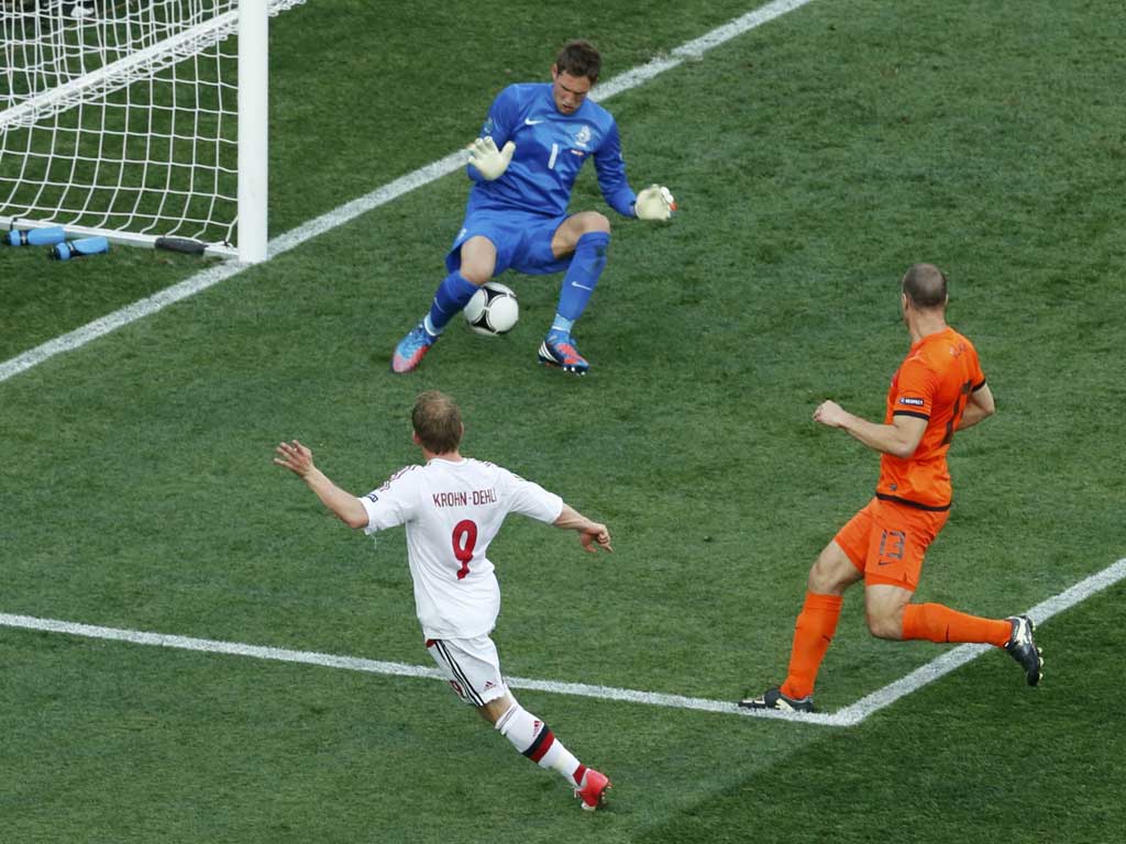 On a plate: Denmark striker Michael Krohn-Dehli scores Denmark's winning goal in Kharkiv