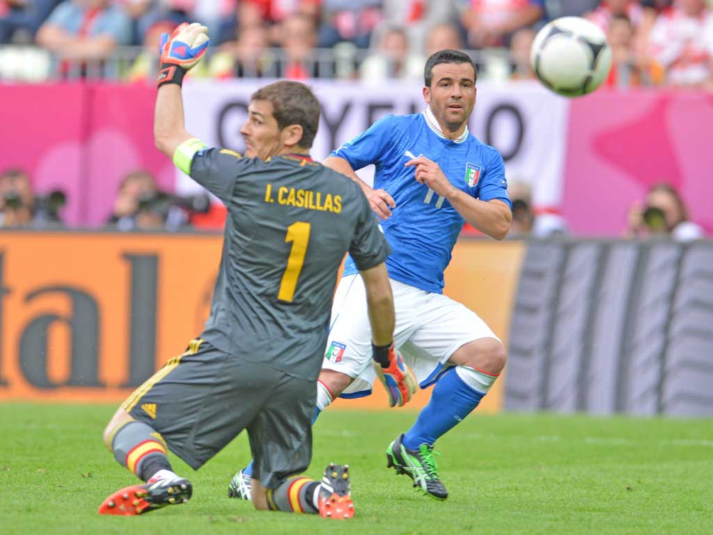 Antonio Di Natale beats Spain keeper Iker Casillas to put Italy ahead after an hour in Gdansk