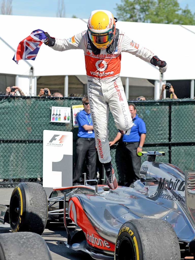 Lewis Hamilton celebrates win in the Canadian Grand Prix