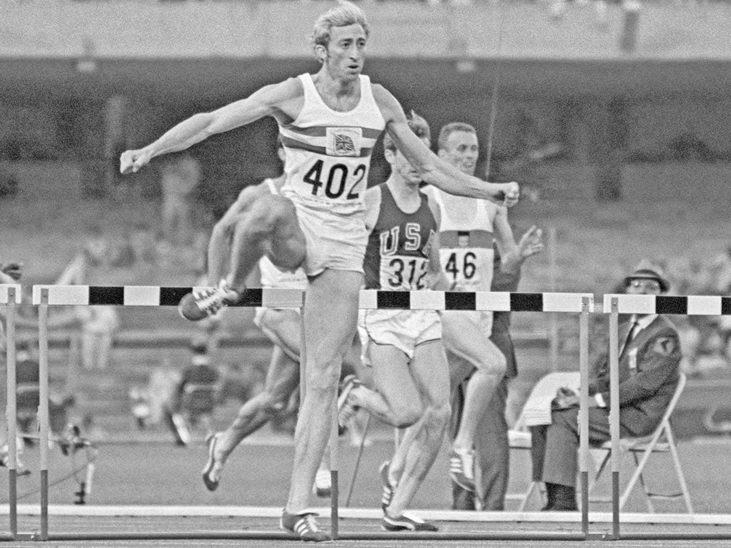 David Hemery on his way to victory in the 400m hurdles at the 1968 Games in Mexico