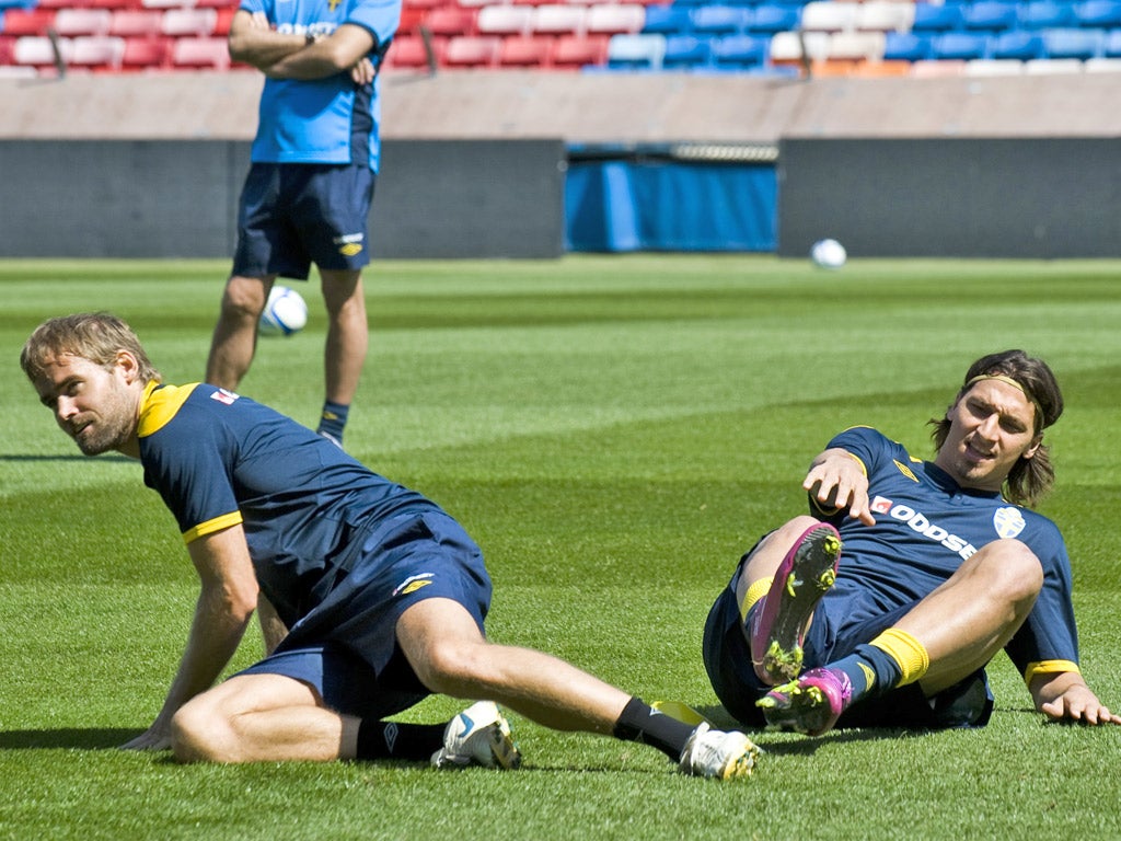 Olof Mellberg and Zlatan Ibrahimovic pictured together during a training session before their rift