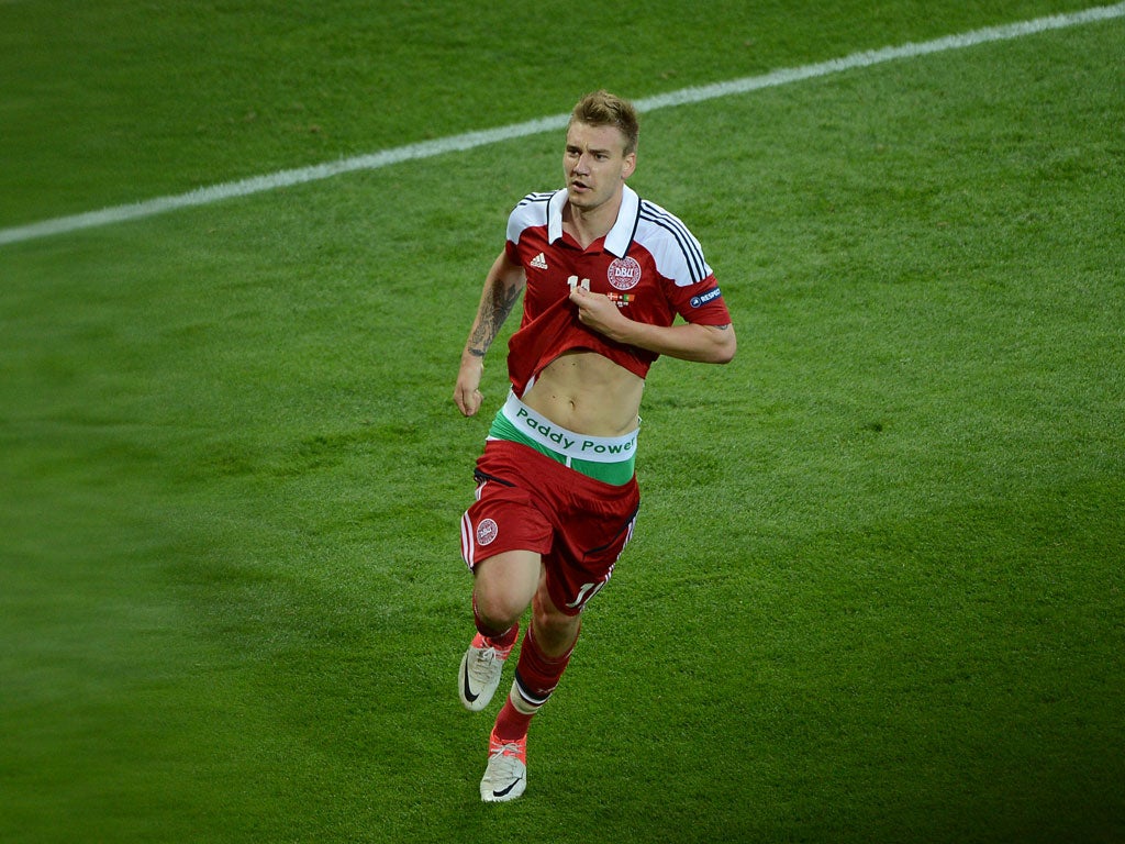 Nicklas Bendtner exposes his underwear after scoring for Denmark