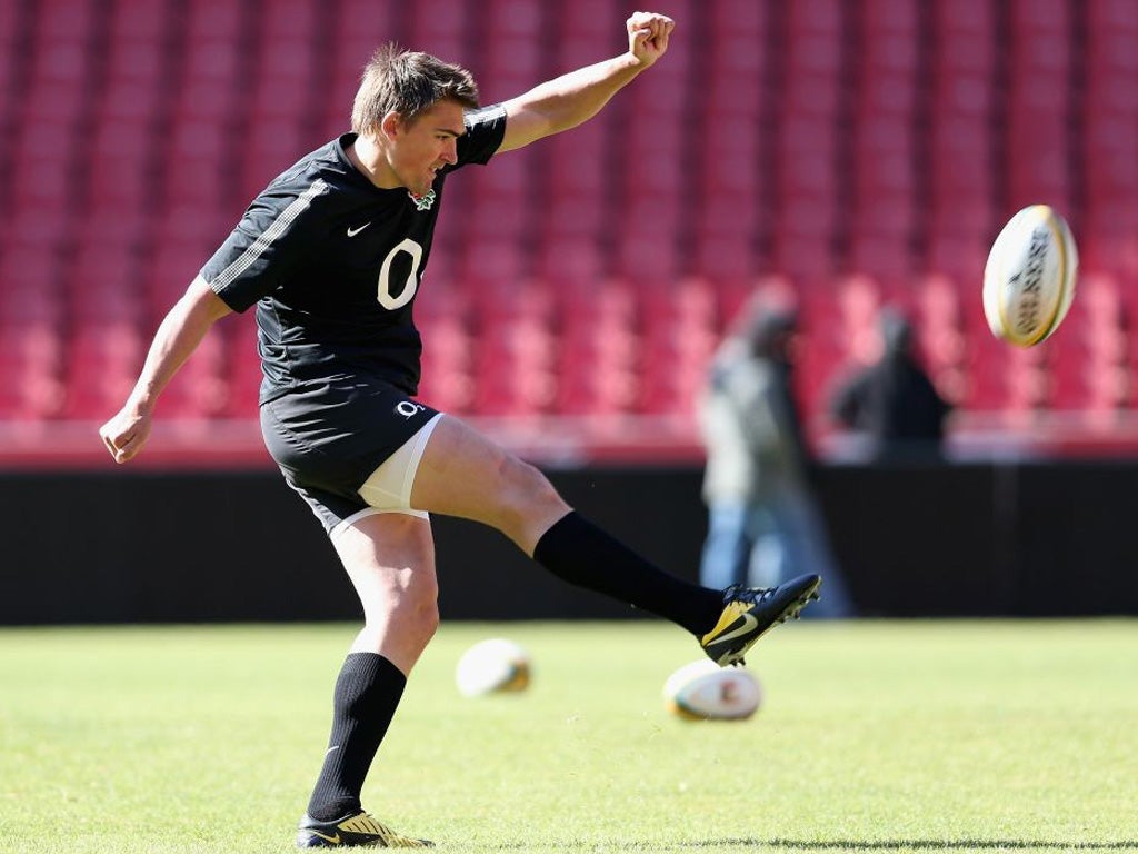 Toby Flood practises his kicking yesterday