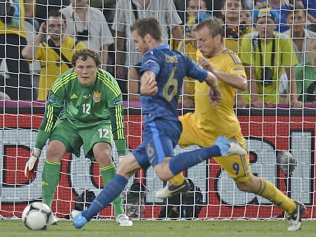 French midfielder Yohan Cabaye (L) scores past Ukrainian goalkeeper Maxym Kova