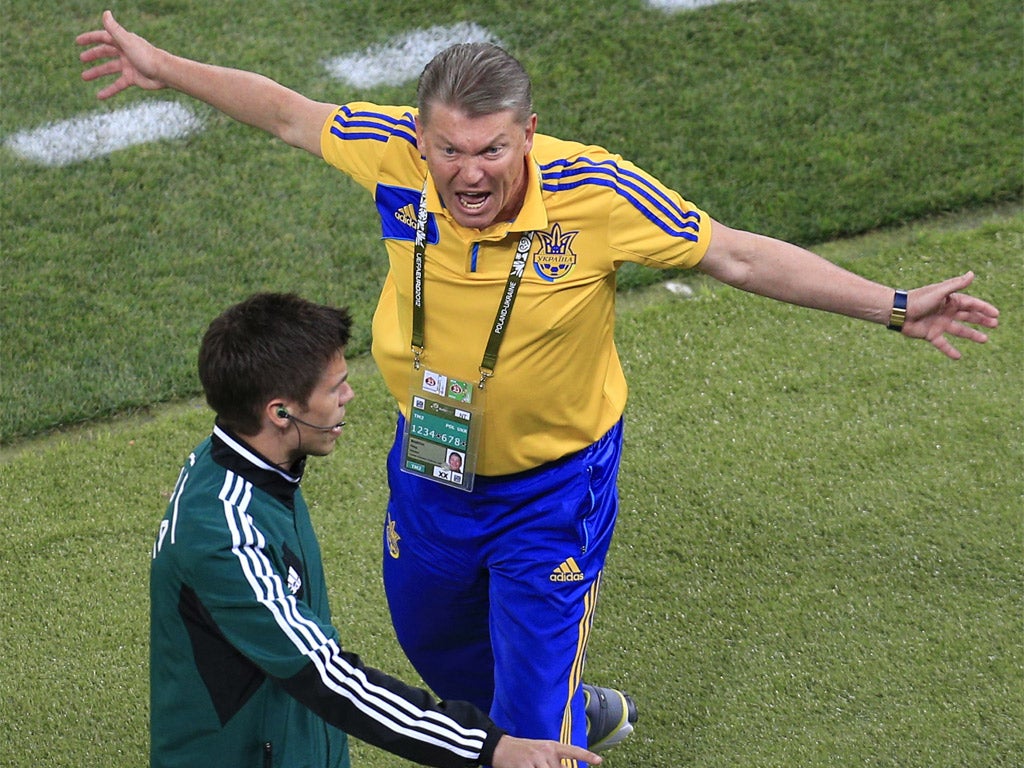 Ukraine’s Oleg Blokhin shows his emotions on the touchline