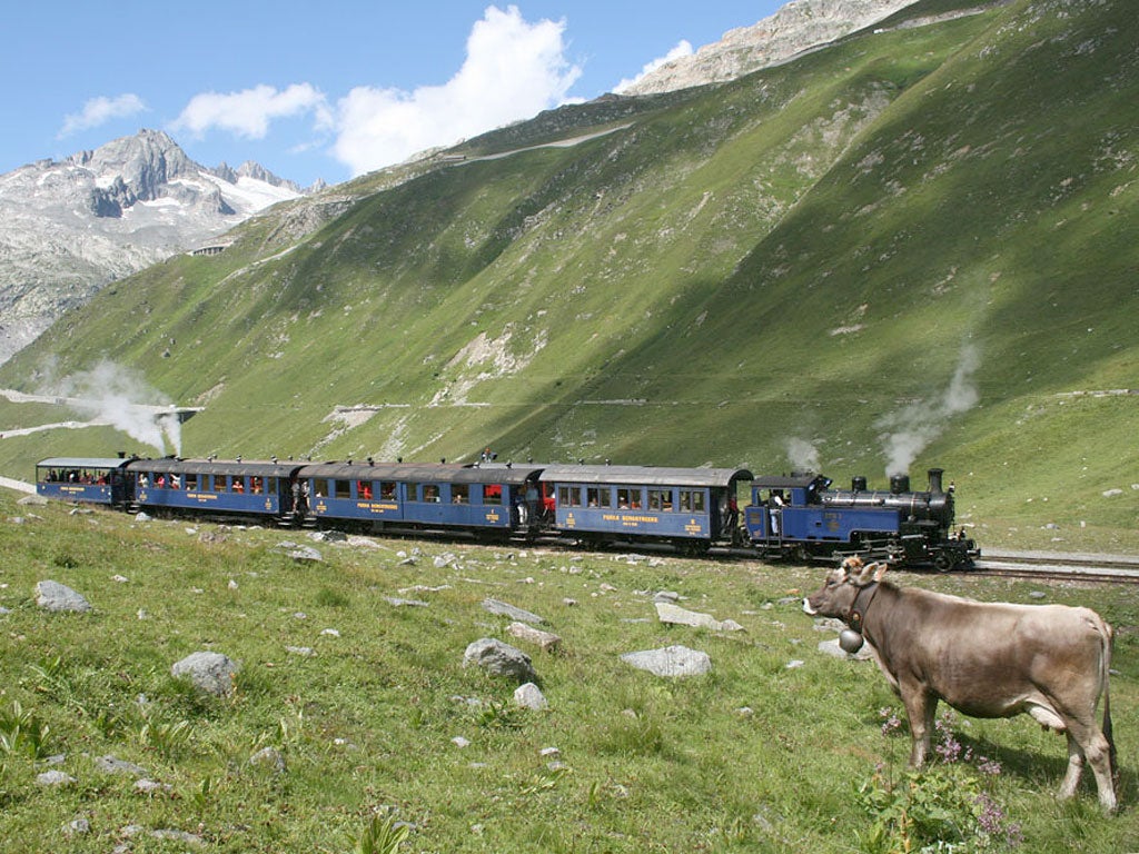 On the move: The Dampfbahn Furka-Bergstrecke steam railway has been rebuilt section by section