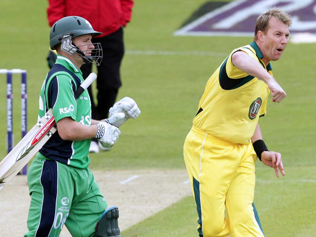 Golden duck: Brett Lee celebrates bowling Ireland's captain William Porterfield with the first ball of the match