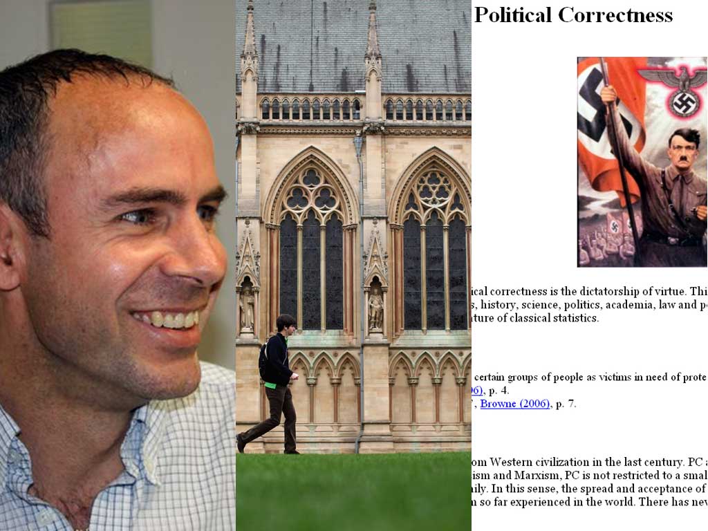 Martin Sewell, an economics supervisor at Cambridge. Far right, the 'Political Correctness' section of his website