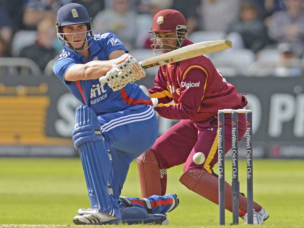 Alex Hales hits out during a brilliant innings of 99 at Trent Bridge