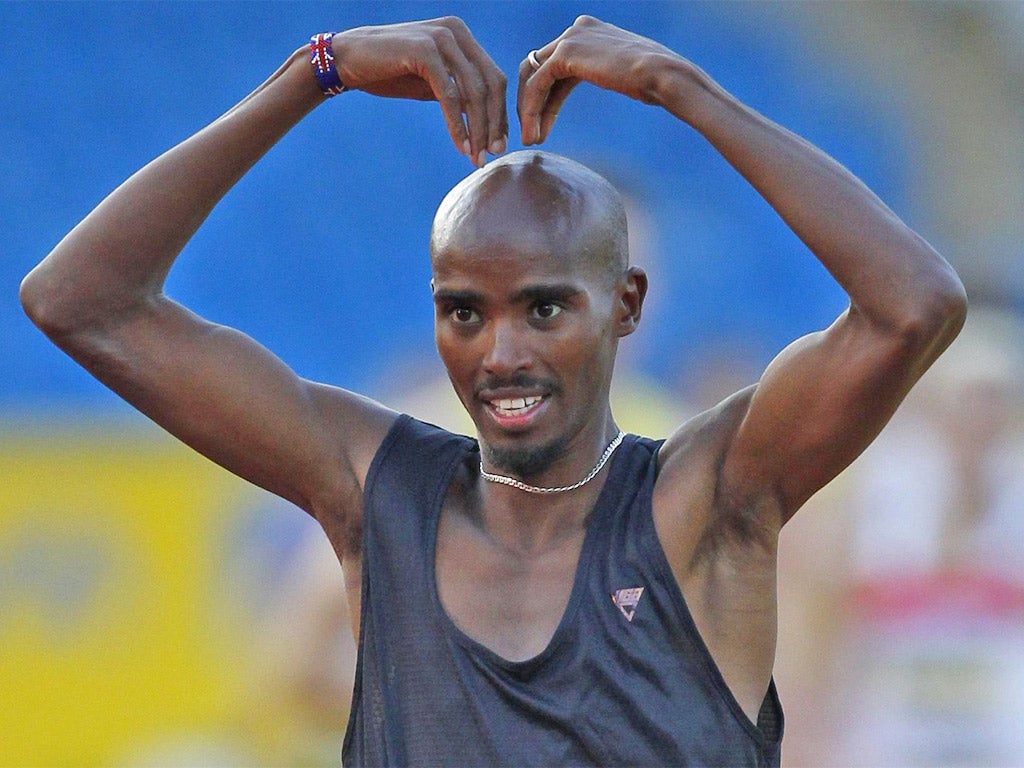 Mo Farah performs his Mobot after winning his heat at the trials