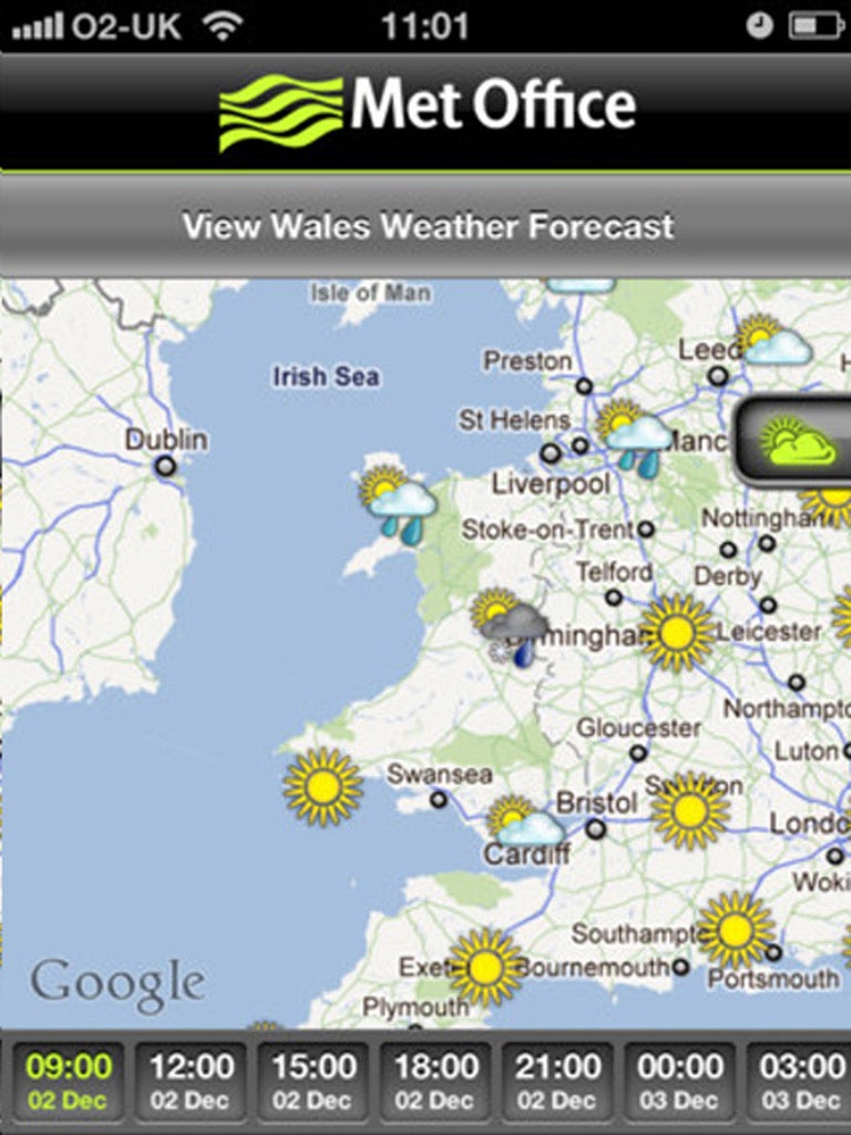 1. Met Office Weather

<p>Free, Android and iPhone</p>

<p>The Met Office is the best. Its app has three hourly forecasts and also five-day predictions. It also gives the "feels-like" temperature and even has a UV forecast map.</p>