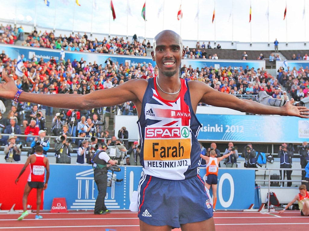 Mo Farah celebrates winning the 5,000m European title last night